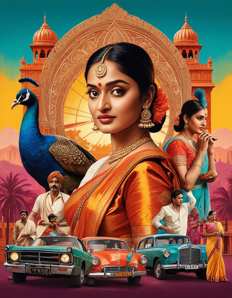 A vibrant collage showcasing the evolution of Indian adult films, featuring traditional Indian attire transitioning into modern cinematic elements. Incorporate iconic symbols of Indian culture like peacocks and traditional motifs mixed with film reels and clapperboards. Include diverse actors in expressive poses symbolizing liberation and creativity. The background should blend a vintage film set with contemporary urban elements, highlighting the contrast. super-realistic. vibrant colors. dynamic composition.