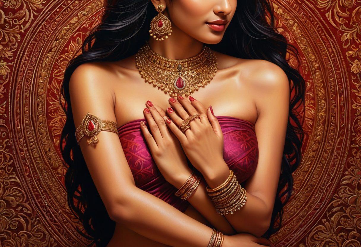An evocative and vibrant depiction of diverse Indian erotic art forms, featuring intricate traditional motifs and contemporary styles. Include elements symbolizing intimacy, such as intertwined hands or soft silhouettes, surrounded by rich colors like deep reds, golds, and purples. The background should be a blend of cultural icons representing India, enhancing the sensual atmosphere. super-realistic. vibrant colors. intricate details.