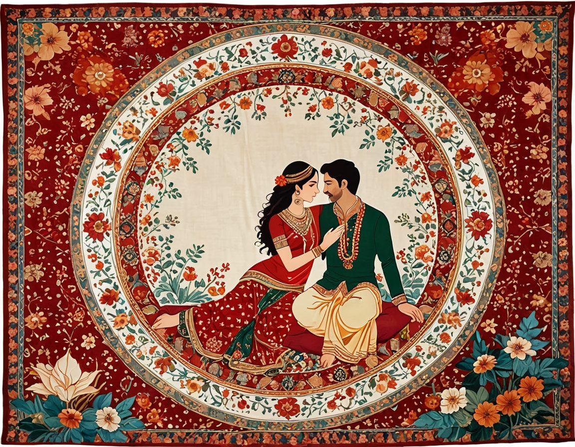 A stunning tapestry depicting an intimate scene inspired by traditional Indian art, featuring elegant silhouettes of lovers entwined amidst vibrant floral designs and intricate patterns. The use of warm colors and delicate textures creates an inviting atmosphere, hinting at sensuality without explicitness. Elements of Indian culture such as henna patterns and silk fabrics enhance the allure. soft focus. vibrant colors. painting.